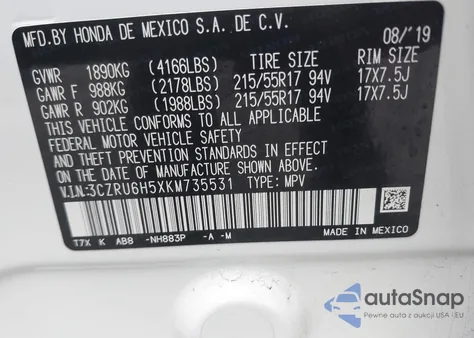 2019 Honda Hr-V Ex from USA, damaged, VIN 3CZRU6H5XKM735531